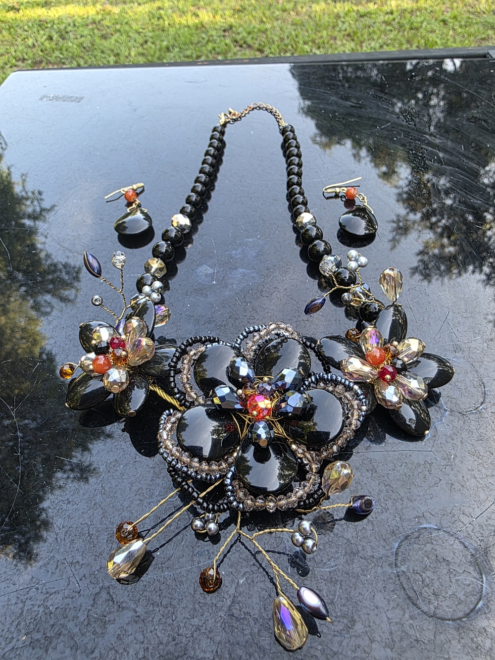 Source Unknown Black Floral Statement Necklace with Multicolor Crystal Accents